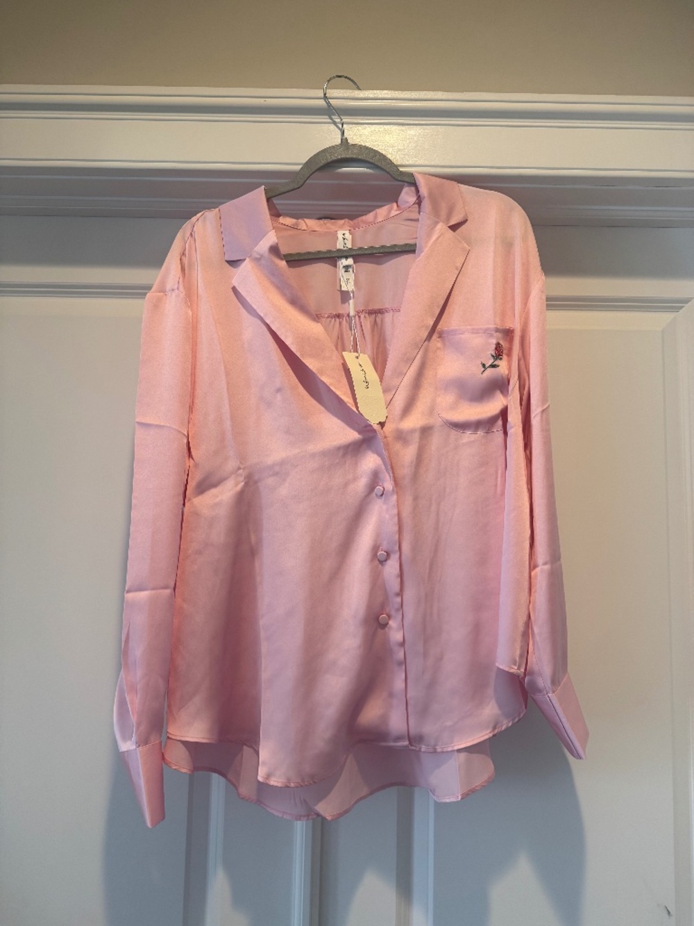 For Love & Lemons Pink Satin Button Up Pajama Top